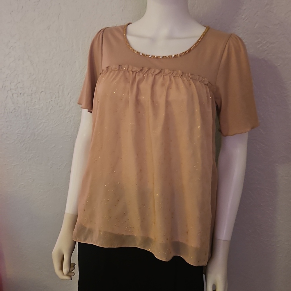 AXES FEMME Tan Metallic Stars Ruffle Tie Back Top - Picture 3 of 10